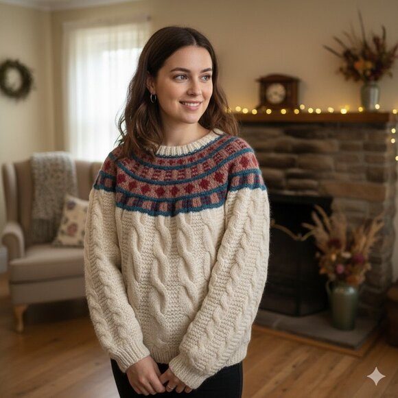 Unbranded Handknit Sweater Womens S/M Cream LS Fair Isle Cable Chunky Boho Cabin - Picture 13 of 13